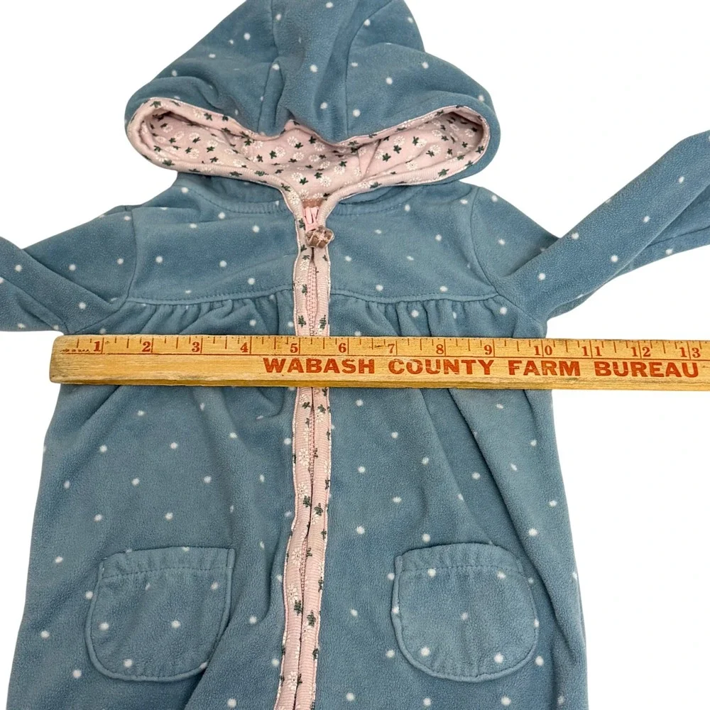 Carters Baby Girl 18M Blue Polka Dot Fleece Hooded Jumpsuit Romper Cat Back Zip